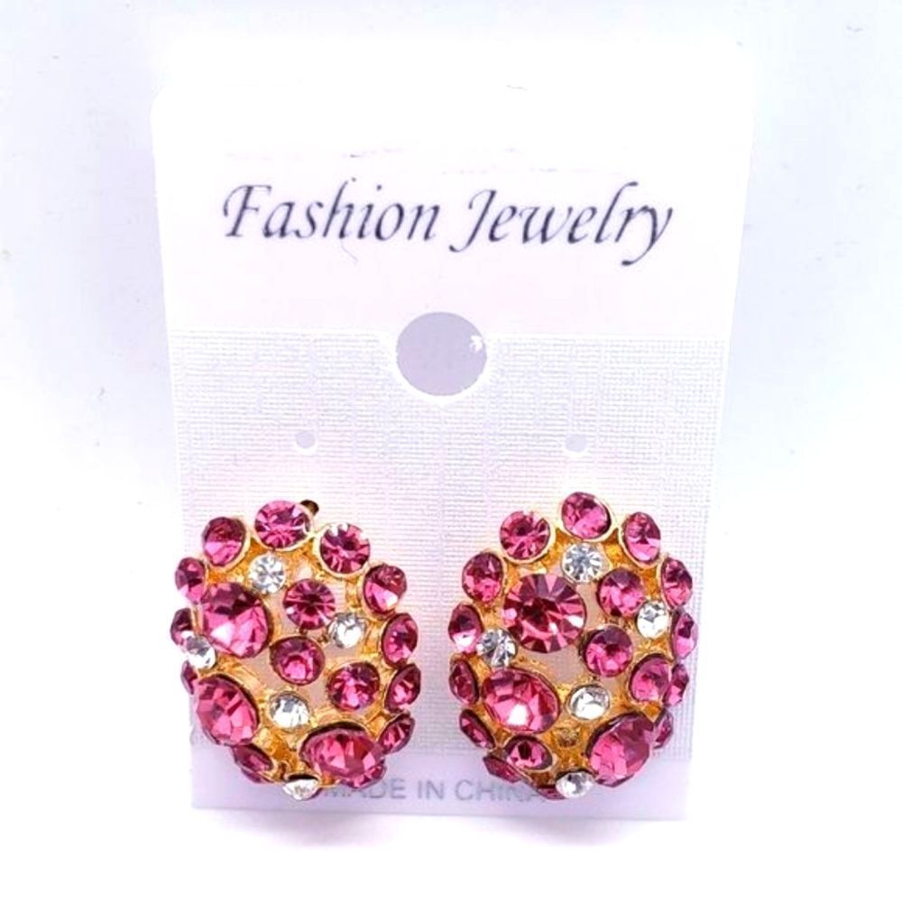 Pink rhinestones gold oval earrings...A7